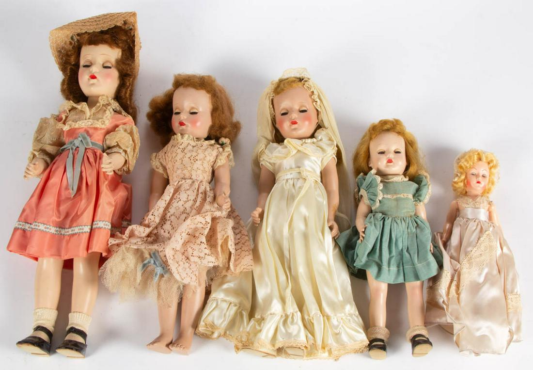 ASSORTED MANUFACTURER'S COMPOSITION GIRL DOLLS, LOT OF: ASSORTED MANUFACTURER'S COMPOSITION GIRL DOLLS, LOT OF FIVE, each with socket head and sleepy eyes, including one example with torso marked for Effanbee and in a green and lace trim dress, remaining e