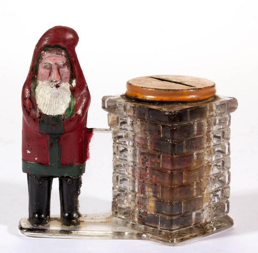 SANTA CLAUS BY SQUARE CHIMNEY GLASS CANDY CONTAINER (1 of 2)