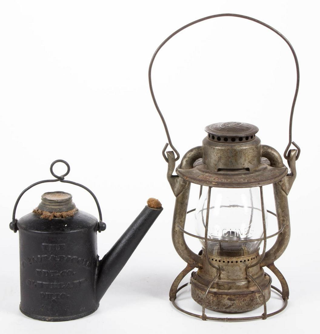 RAILROAD LANTERN AND FURNACE LAMP, LOT OF TWO (1 of 3)