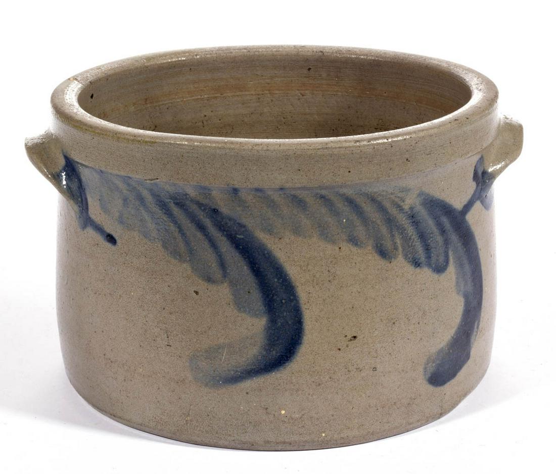PARR FAMILY ATTRIBUTED, RICHMOND, VIRGINIA DECORATED: PARR FAMILY ATTRIBUTED, RICHMOND, VIRGINIA DECORATED STONEWARE CAKE CROCK, salt-glazed, "1" gallon capacity mark, truncated cylindrical form with broad squared rim and arched tab-like handles. Brushed