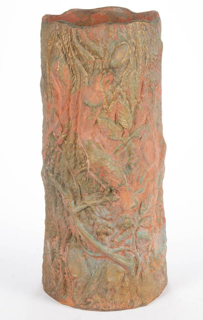 AMERICAN RUSTIC MOLDED EARTHENWARE / REDWARE UMBRELLA: AMERICAN RUSTIC MOLDED EARTHENWARE / REDWARE UMBRELLA STAND, tree trunk-form with climbing vine and perched bird on front. Original monochrome painted exterior and interior. Fourth quarter 19th/early