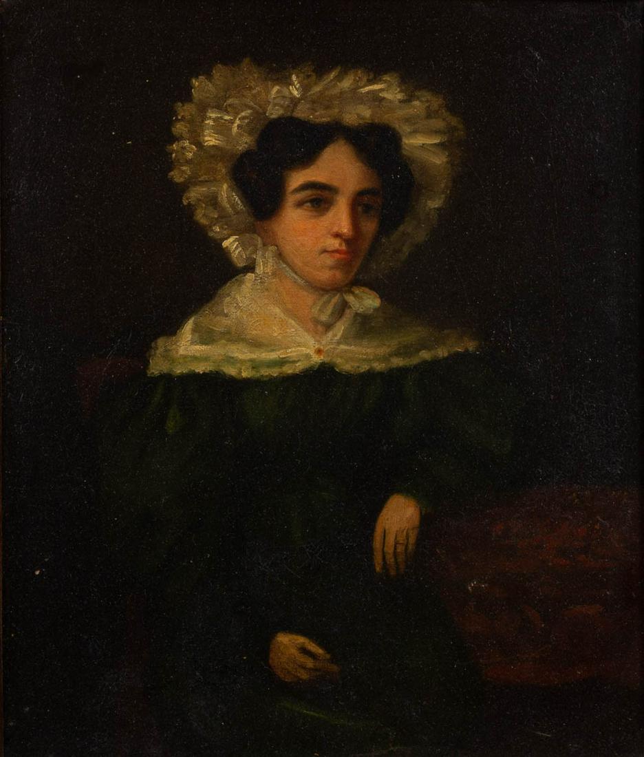AMERICAN OR BRITISH SCHOOL (19TH CENTURY) FOLK ART: AMERICAN OR BRITISH SCHOOL (19TH CENTURY) FOLK ART PORTRAIT OF A LADY, oil on panel, three-quarter length depiction of a young lady wearing a white bonnet, leaning her right elbow against a table with