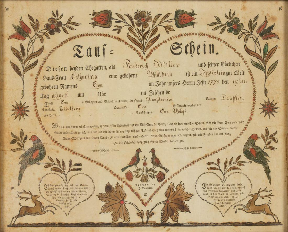 DAUPHIN COUNTY, PENNSYLVANIA FOLK ART BIRTH AND: DAUPHIN COUNTY, PENNSYLVANIA FOLK ART BIRTH AND BAPTISMAL CERTIFICATE / FRAKTUR, watercolor and ink on printed paper form, printed in German, for "Friederich Miller", printed by F. Baumann, Ephrata. H
