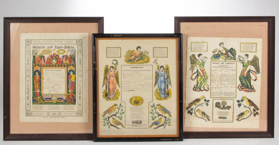PENNSYLVANIA PRINTED FRAKTUR / BIRTH AND BAPTISMAL: PENNSYLVANIA PRINTED FRAKTUR / BIRTH AND BAPTISMAL RECORDS, LOT OF THREE, hand-colored and ink on printed paper, comprising an English example by printed by Charles Kessler of Reading, PA written for 