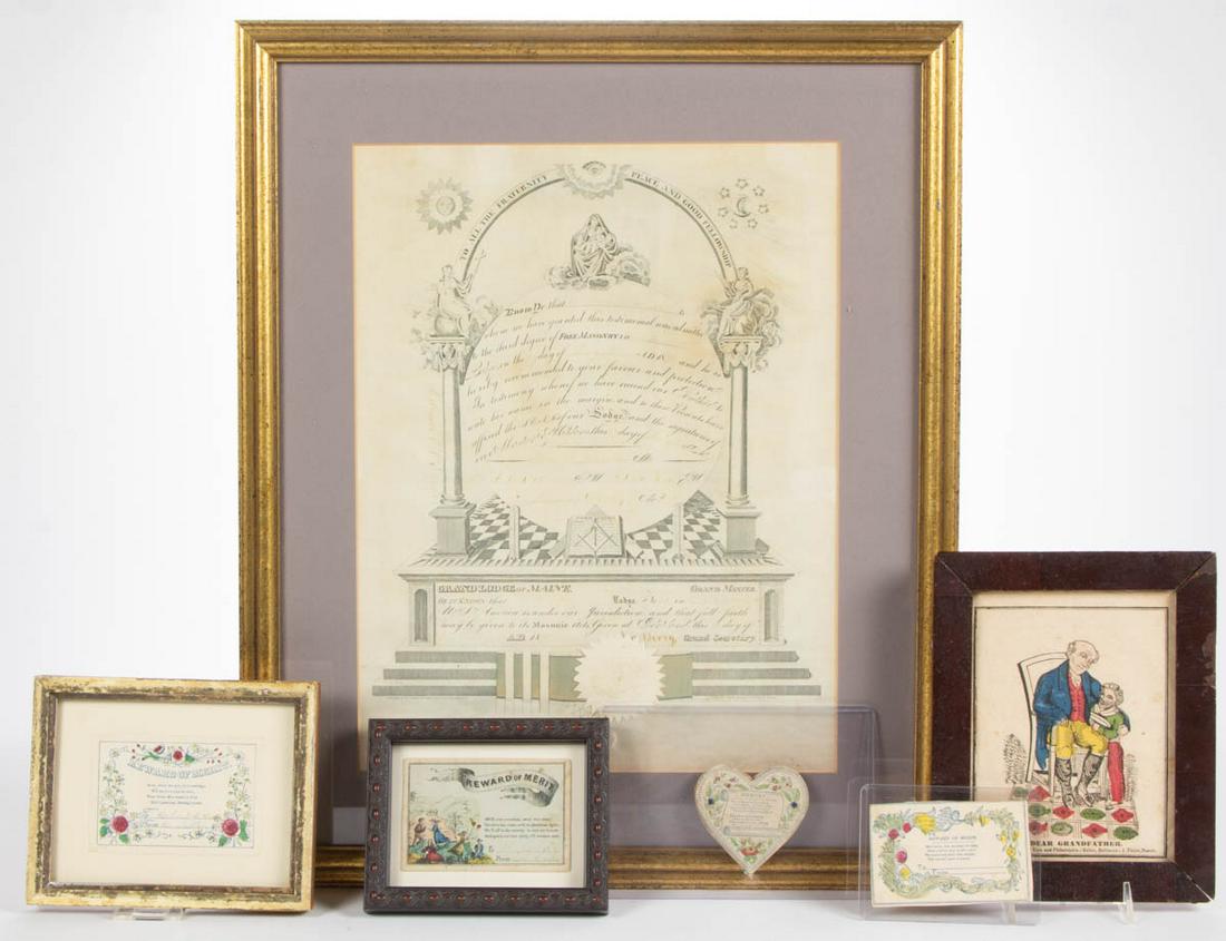 ASSORTED REWARD OF MERIT AND OTHER PRINTS, LOT OF SIX: ASSORTED REWARD OF MERIT AND OTHER PRINTS, LOT OF SIX, most hand-colored, including a Bristol, Maine Masonic Lodge No. 74 membership certificate for "Edmon A. Ervin [?]" date 1870 designed by John R. 