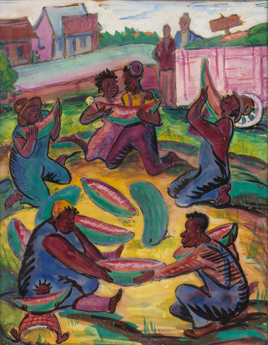 AMERICAN SCHOOL (20TH CENTURY) BLACK AMERICANA PAINTING: AMERICAN SCHOOL (20TH CENTURY) BLACK AMERICANA PAINTING, watercolor and gouache on board, depicting a polychrome scene of African American figures eating sliced watermelon, background featuring a cart