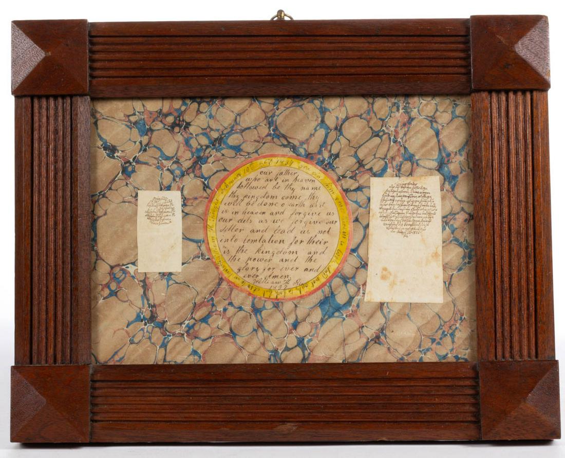 19TH CENTURY FOLK ART FRAMED CALLIGRAPHY: 19TH CENTURY FOLK ART FRAMED CALLIGRAPHY, ink on paper, three separate pieces featuring a circular center piece with the Lord's Prayer to center signed "William H. Rie / 1837" having a watercolor bord