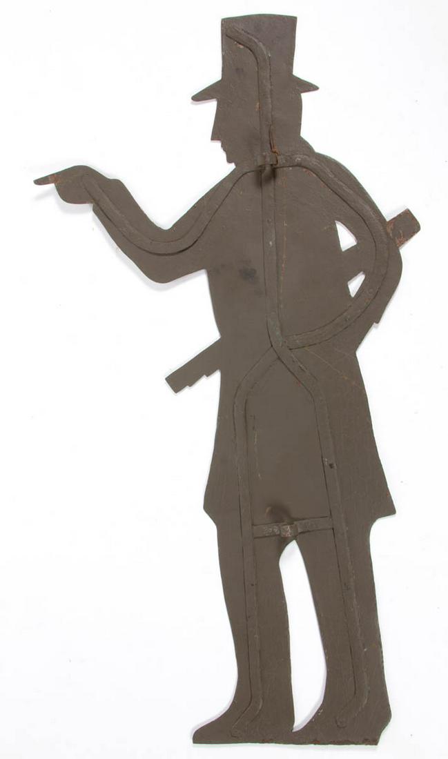 AMERICAN FOLK ART CUT-OUT SHEET-IRON SHIP'S CAPTAIN: AMERICAN FOLK ART CUT-OUT SHEET-IRON SHIP'S CAPTAIN WEATHERVANE, figure possibly holding a spy glass, with probably original mounting brackets to back. Old grey-painted surface. Fourth quarter 19th/fi