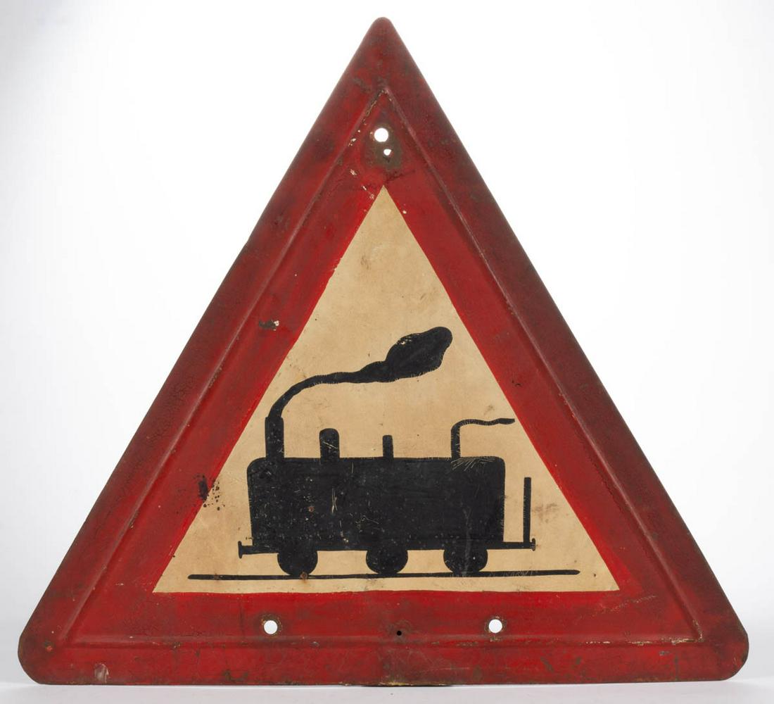 FOLK ART PAINTED TRAIN / RAILROAD CROSSING ROAD SIGN: FOLK ART PAINTED TRAIN / RAILROAD CROSSING ROAD SIGN, cross-buck form, with red and white ground with a black-painted locomotive. First half 20th century. 24" H. Provenance: From a Virginia estate col