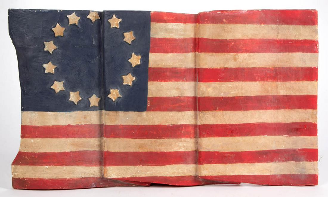 AMERICAN FOLK ART PAINTED WOOD AND GESSO 13-STAR FLAG: AMERICAN FOLK ART PAINTED WOOD AND GESSO 13-STAR FLAG, depicting a Betsy Ross-style American Flag, with 13 stripes, and 13 five-pointed stars. Possibly Centennial. Late 19th/first quarter 20th century