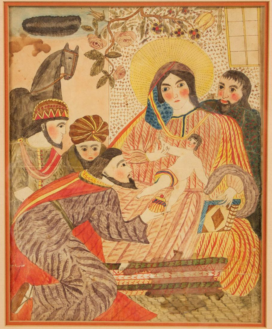 AMERICAN / EUROPEAN SCHOOL (19TH CENTURY) FOLK ART: AMERICAN / EUROPEAN SCHOOL (19TH CENTURY) FOLK ART ADORATION OF THE MAGI DRAWING, watercolor on paper, depicting the Virgin Mary holding the infant Jesus surrounded by the Magi, no signature located. 