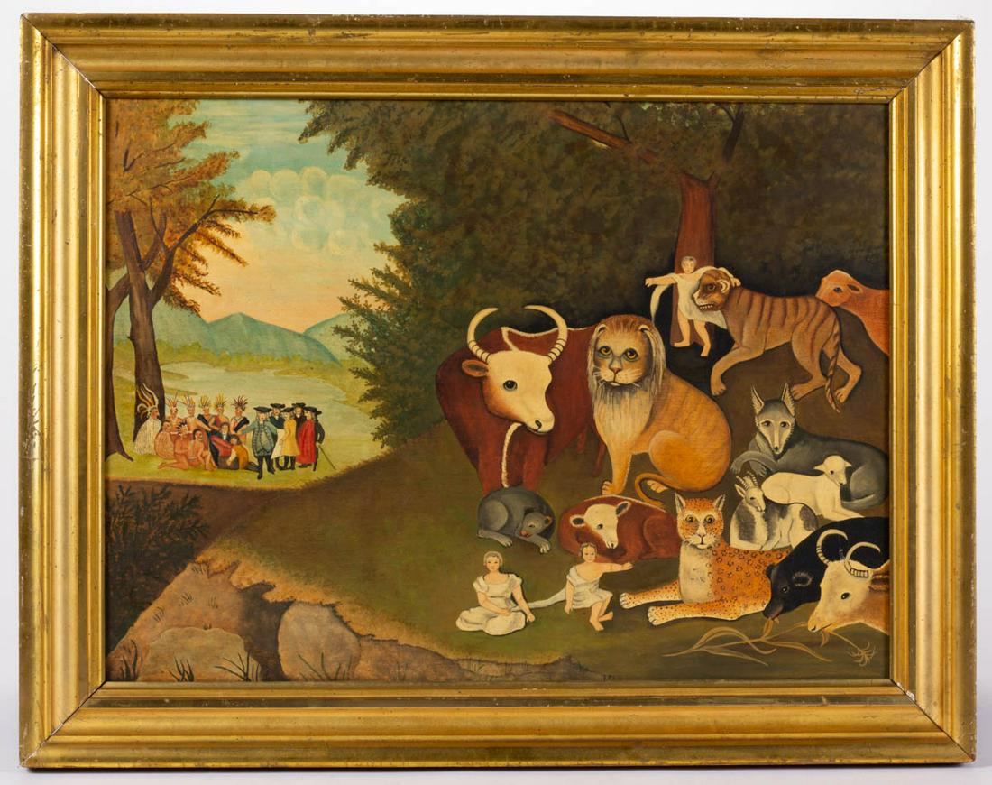 AMERICAN SCHOOL (20TH CENTURY) FOLK ART PAINTING: AMERICAN SCHOOL (20TH CENTURY) FOLK ART PAINTING, oil on board, after Edward Hicks (Pennsylvania, 1780-1849) "Peaceable Kingdom", no signature located. Housed in a gilt frame. First half 20th century.