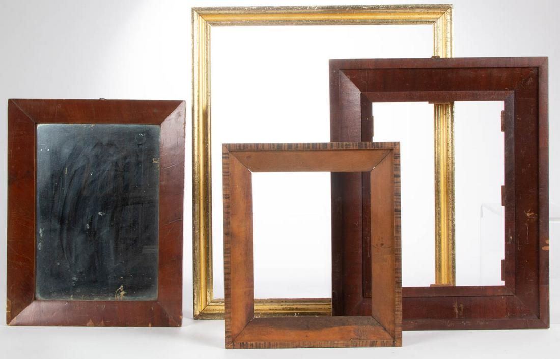 ASSORTED PICTURE FRAMES AND MIRROR, LOT OF FOUR: ASSORTED PICTURE FRAMES AND MIRROR, LOT OF FOUR, each rectangular form, comprising a gilt-molded example, a small wood example with grain-painted edges, and two veneer examples with one having mirror 