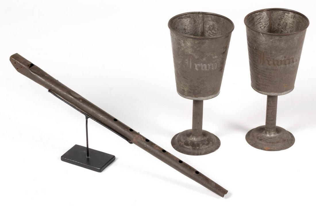 ASSORTED AMERICAN FOLK ART 10TH ANNIVERSARY SHEET-IRON: ASSORTED AMERICAN FOLK ART 10TH ANNIVERSARY SHEET-IRON / TIN ARTICLES, LOT OF THREE, each with soldered seam construction, comprising of a pair of goblets with lightly stepped foot, each with matching