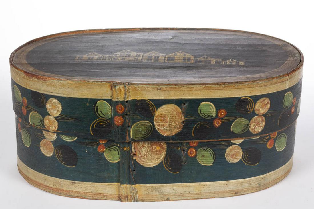 CONTINENTAL PAINT-DECORATED BENTWOOD BRIDES BOX: CONTINENTAL PAINT-DECORATED BENTWOOD BRIDES BOX, running design around the sides, with row houses on the cover. Original polychrome-painted surface. 19th century. 7 3/4" H, 17 3/4" W top. Provenance: 