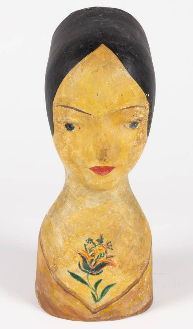 FRENCH PAINTED PAPIER-MACHE DISPLAY MILLINERY HEAD /: FRENCH PAINTED PAPIER-MACHE DISPLAY MILLINERY HEAD / MAROTTE, featuring a hand-painted floral design. Circa 1900. 15 1/2" H.