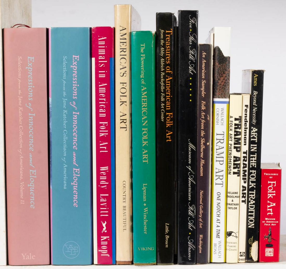 FOLK ART REFERENCE VOLUMES, LOT OF 15: FOLK ART REFERENCE VOLUMES, LOT OF 15, including eds. Katcher, Schorsch, and Wolfe, "Expressions of Innocence and Eloquence: Selections from the Jane Katcher Collection of Americana", 2006 & 2011, two