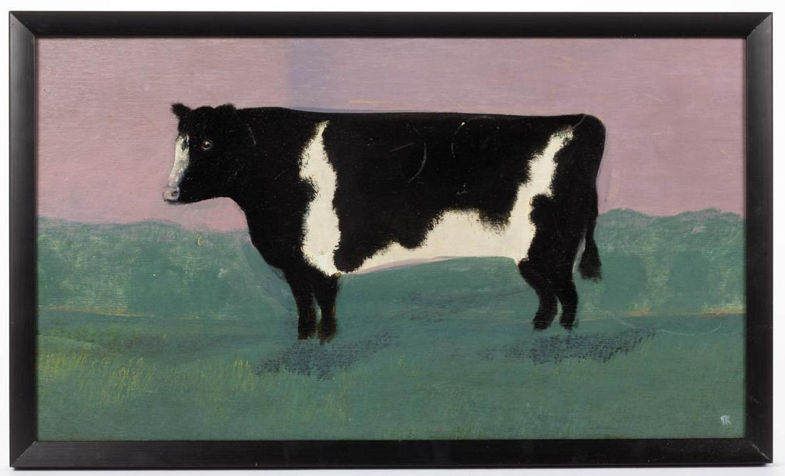 PAUL KITCHIN (VIRGINIA, 1954-2002) FOLK ART COW: PAUL KITCHIN (VIRGINIA, 1954-2002) FOLK ART COW PAINTING, oil on panel, depicting a bovine standing in a field, initialed in the lower right "PK". Housed in a modern frame. Fourth quarter 20th century
