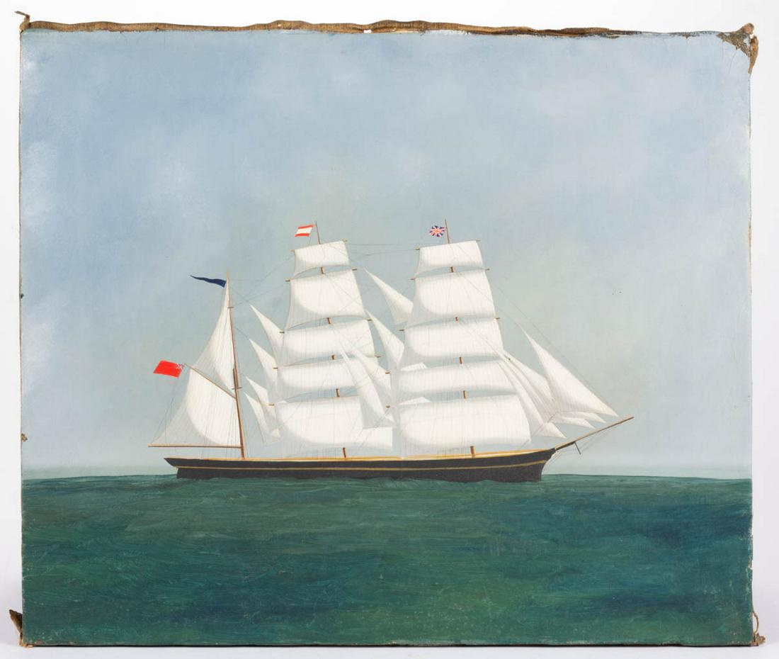 PAUL KITCHIN (VIRGINIA, 1954-2002), ATTRIBUTED, FOLK: PAUL KITCHIN (VIRGINIA, 1954-2002), ATTRIBUTED, FOLK ART NAUTICAL PAINTING, oil on canvas, depicting a clipper ship flying the British flag in calm waters, no signature located. Unframed. Fourth quart
