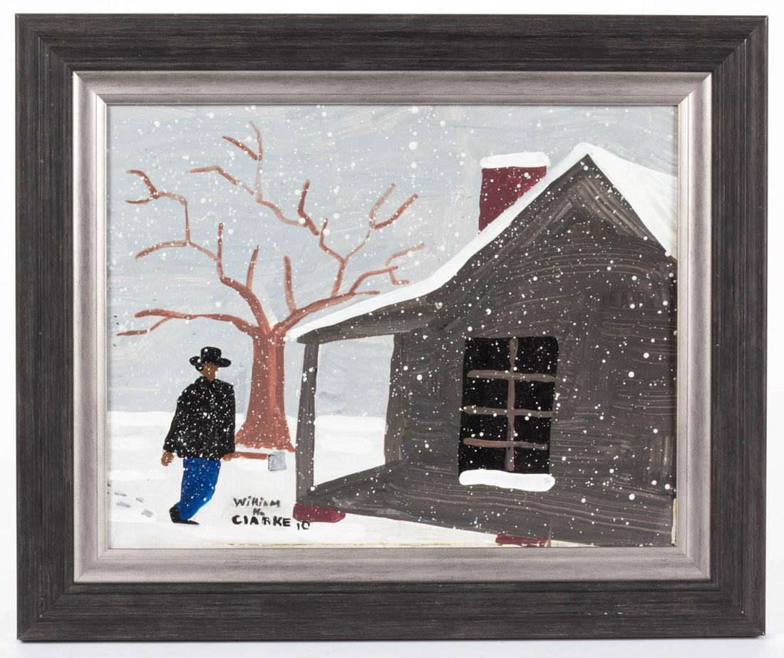 WILLIAM H. CLARKE (NOTTOWAY CO., VIRGINIA, 20TH / 21ST: WILLIAM H. CLARKE (NOTTOWAY CO., VIRGINIA, 20TH / 21ST CENTURY) OUTSIDER ART SNOW SCENE, oil on board, depicting a figure holding an axe, signed and dated in the lower left "William / H. / ClARKE 10".