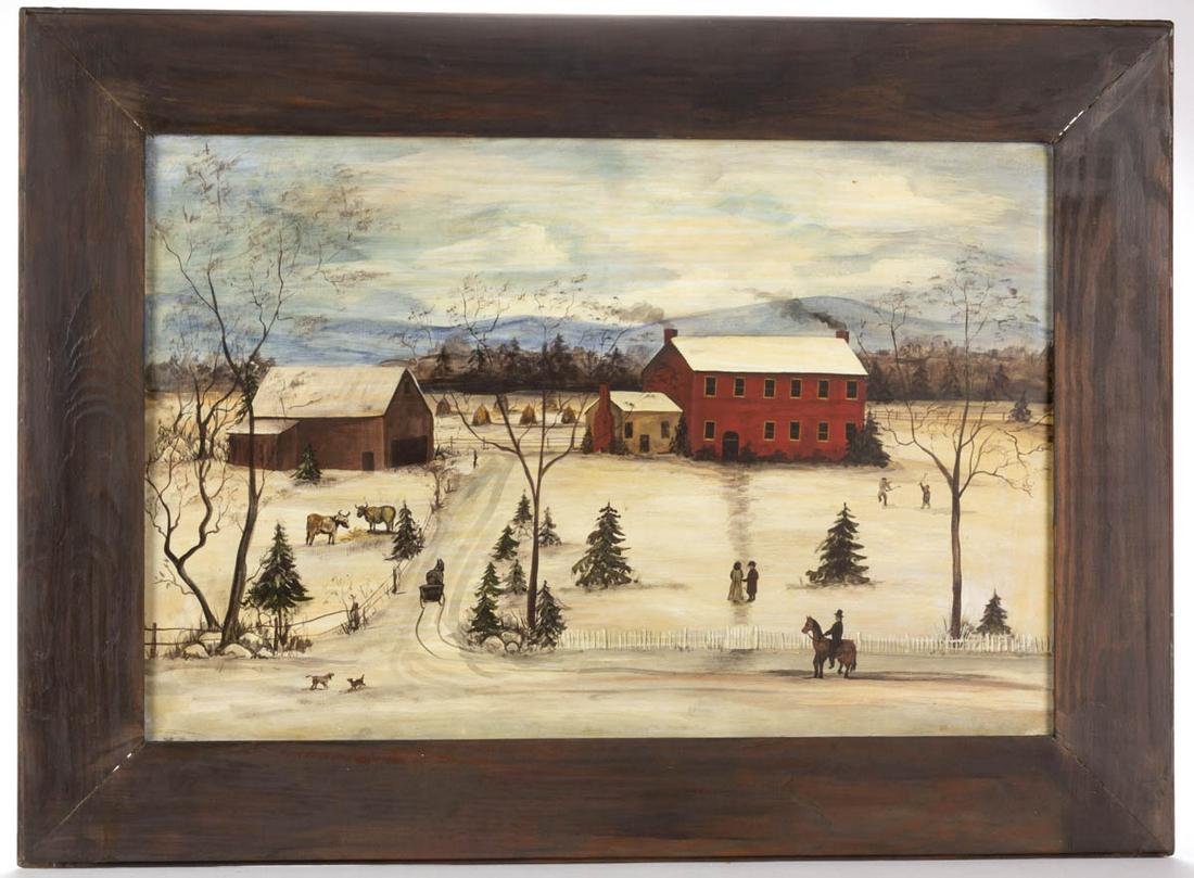 MARY ANN VESSEY (SHENANDOAH VALLEY OF VIRGINIA) FOLK: MARY ANN VESSEY (SHENANDOAH VALLEY OF VIRGINIA) FOLK ART LANDSCAPE PAINTING, oil on board, depicting a winter scene, with a horse and buggy coming up a lane leading to a red farm house with mountains 