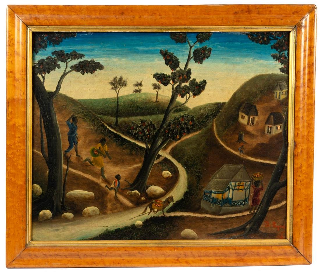BOURMAND BYRON (HAITIAN, 1920-2004) FOLK ART PAINTING: BOURMAND BYRON (HAITIAN, 1920-2004) FOLK ART PAINTING, oil on board, depicting villagers on hilly dirt paths coming home from the harvest, signed and dated lower right. Housed in an old figured maple 
