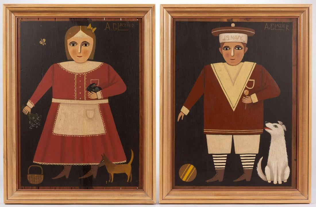 ARTHUR E. GLAZIER (PENNSYLVANIA, 1928-2015) FOLK ART: ARTHUR E. GLAZIER (PENNSYLVANIA, 1928-2015) FOLK ART PAIR OF PORTRAITS, oil on panel (each), full-length depictions of a brother and sister, each in colorful attire accompanied by various pets / anima