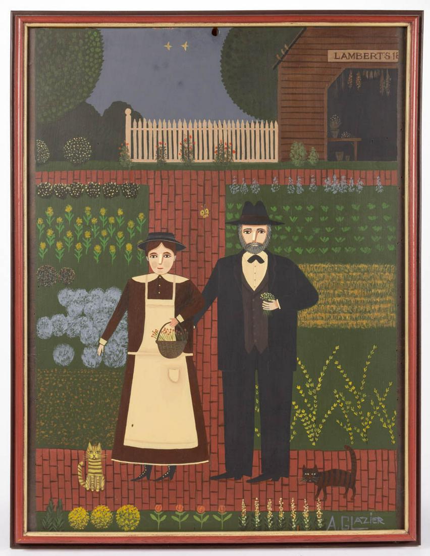 ARTHUR E. GLAZIER (PENNSYLVANIA, 1928-2015) FOLK ART: ARTHUR E. GLAZIER (PENNSYLVANIA, 1928-2015) FOLK ART DOUBLE PORTRAIT, oil on panel, stylized depiction of couple standing on the brick pathway of a kitchen garden, signed "A. GLAZIER" lower right. Hou