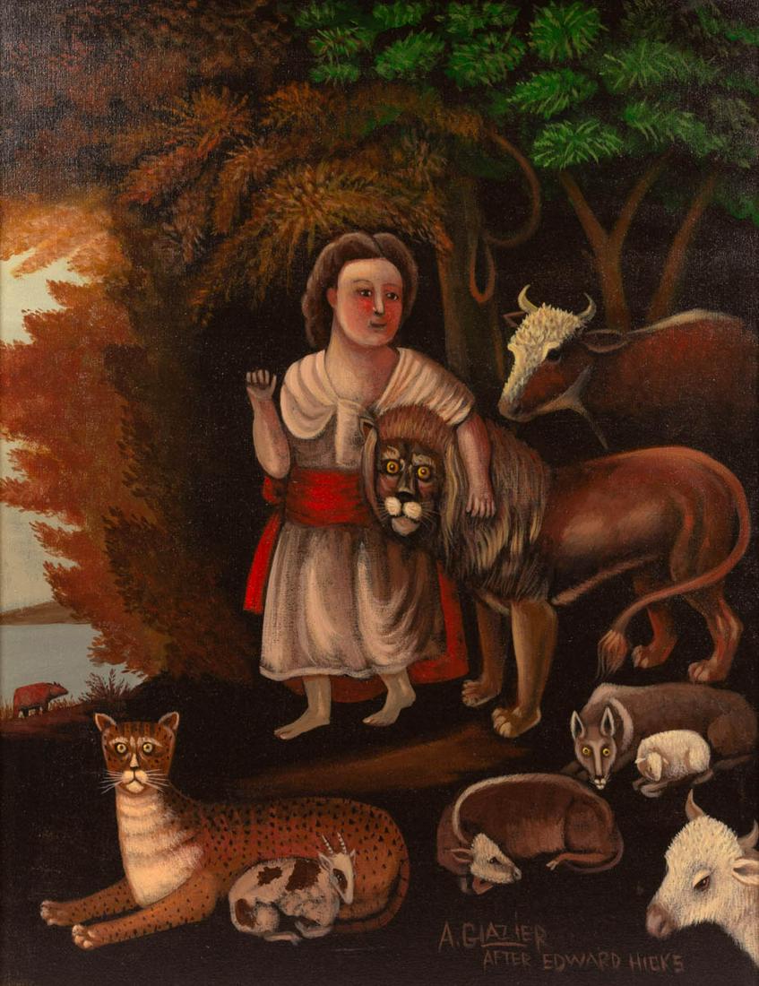 ARTHUR E. GLAZIER (PENNSYLVANIA, 1928-2015) FOLK ART: ARTHUR E. GLAZIER (PENNSYLVANIA, 1928-2015) FOLK ART PEACEABLE KINGDOM PAINTING, oil on canvas, in the manner of Edward Hicks (1780-1849), featuring child with lion and other animals in a landscape se