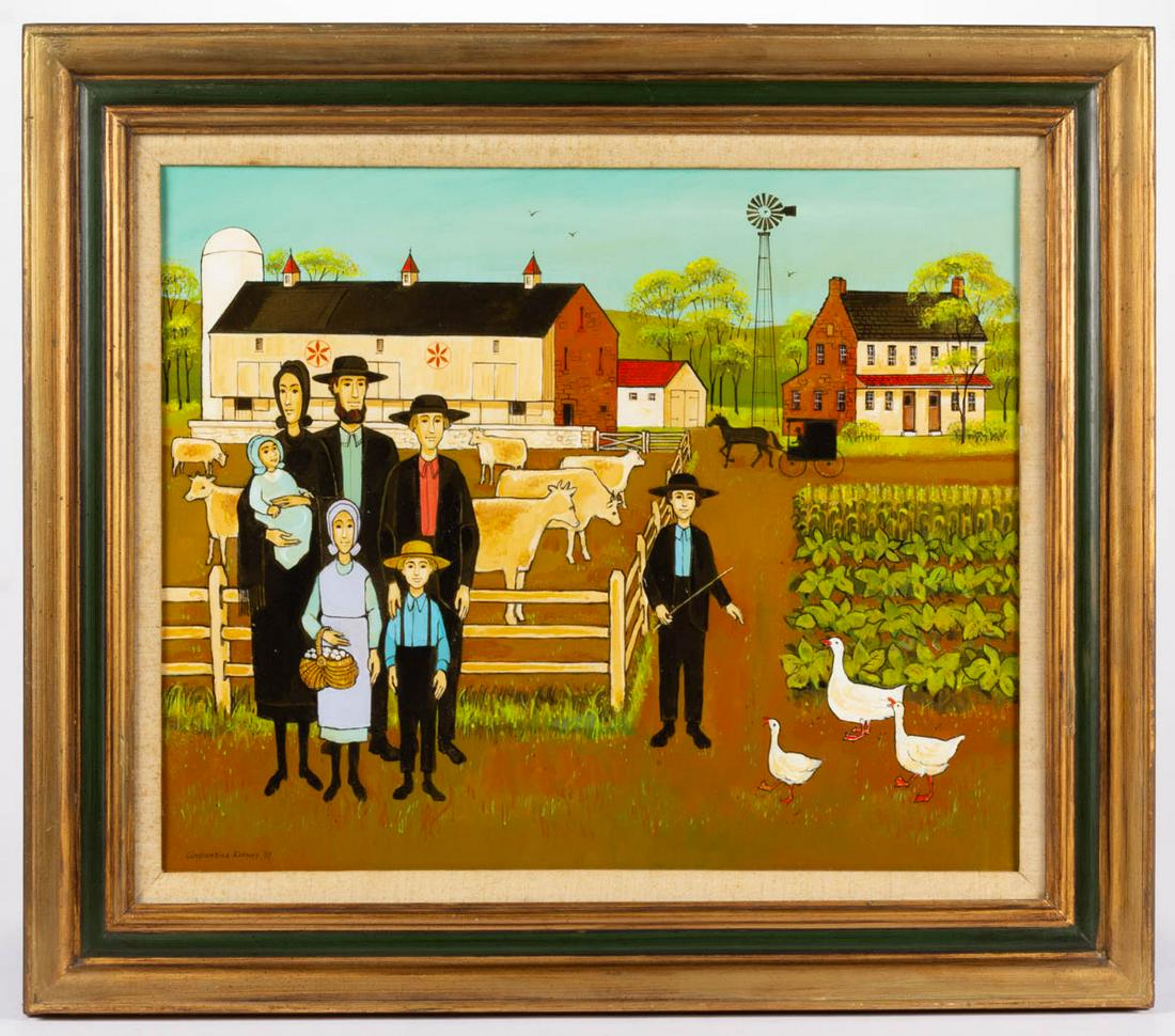 CONSTANTINE KERMES (PENNSYLVANIA, 1923-2009) FOLK ART: CONSTANTINE KERMES (PENNSYLVANIA, 1923-2009) FOLK ART FARM SCENE, acrylic on canvas, featuring an Amish family and numerous animals standing in the yard in front of a large stone house and massive bar