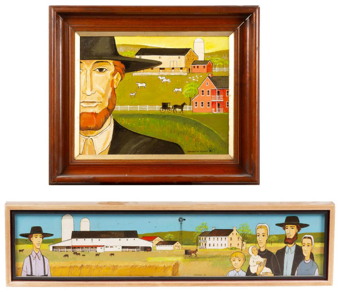 CONSTANTINE KERMES (PENNSYLVANIA, 1923-2009) FOLK ART: CONSTANTINE KERMES (PENNSYLVANIA, 1923-2009) FOLK ART PAINTINGS, LOT OF TWO, one a portrait of an Amish man with farm in background, titled "INNER WORLD" verso, and a panoramic view of an Amish farm w