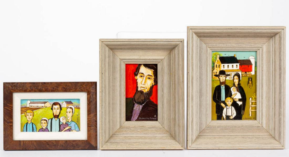 CONSTANTINE KERMES (PENNSYLVANIA, 1923-2009) FOLK ART: CONSTANTINE KERMES (PENNSYLVANIA, 1923-2009) FOLK ART PORTRAITS, LOT OF THREE, each acrylic on panel, each of diminutive size, featuring Amish subject(s), signed lower right, housed in a modern frame.
