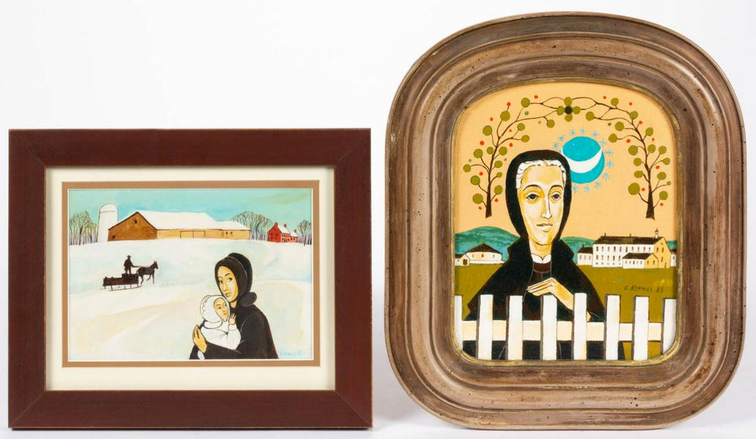 CONSTANTINE KERMES (PENNSYLVANIA, 1923-2009) FOLK ART: CONSTANTINE KERMES (PENNSYLVANIA, 1923-2009) FOLK ART PORTRAITS, LOT OF TWO, one an acrylic on board depiction of an Amish mother and child in a snowy farm landscape, the other an acrylic on Masonite 