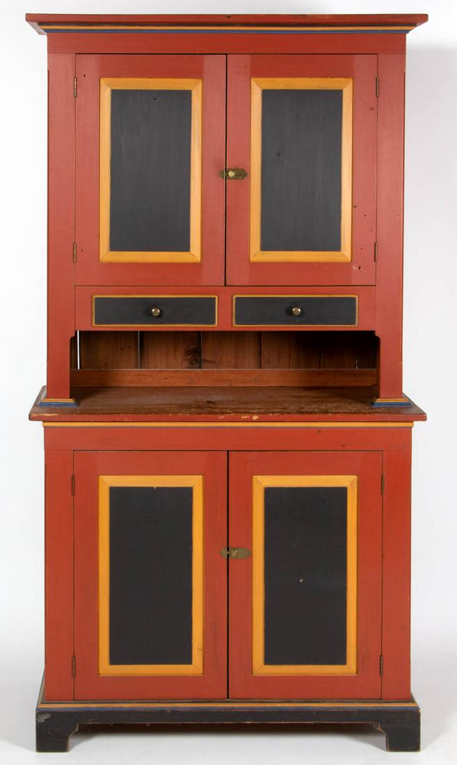 PENNSYLVANIA-STYLE BENCHMADE PAINT-DECORATED POPLAR: PENNSYLVANIA-STYLE BENCHMADE PAINT-DECORATED POPLAR STEP-BACK DUTCH CUPBOARD, two-piece construction, the upper case with applied cornice over two raised-panel doors and two short drawers, open pie sh