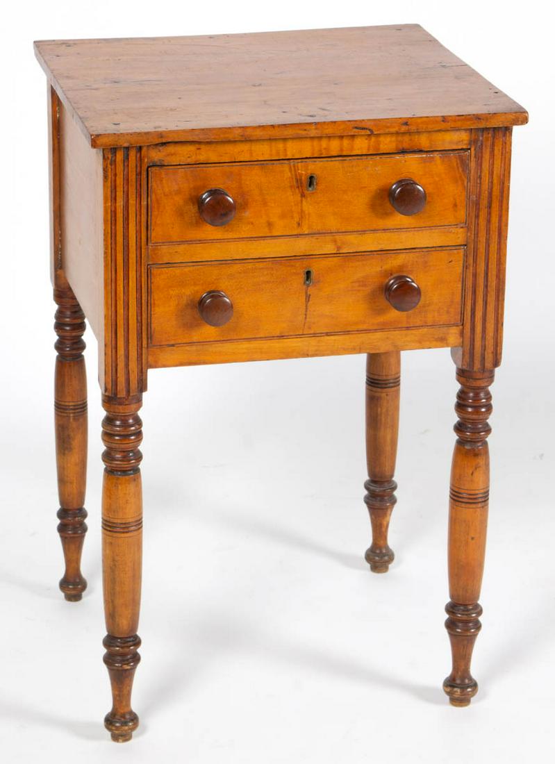 AMERICAN LATE FEDERAL FIGURED BIRCH STAND TABLE: AMERICAN LATE FEDERAL FIGURED BIRCH STAND TABLE, rectangular two-board top over two full scratch-beaded drawers, raised on ring-turned legs. Poplar secondary wood. Retains possibly original turned woo
