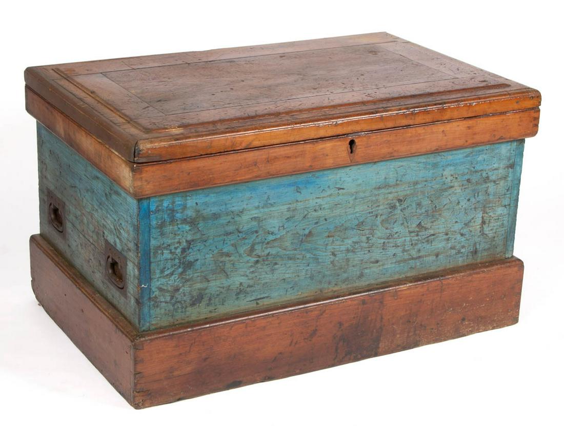 AMERICAN PAINTED MIXED-WOOD TOOL CHEST: AMERICAN PAINTED MIXED-WOOD TOOL CHEST, hinged lid concealing fitted-interior with removable tote, and two iron bail handles on ends. Oak secondary wood. Case with an old blue-painted surface. Fourth