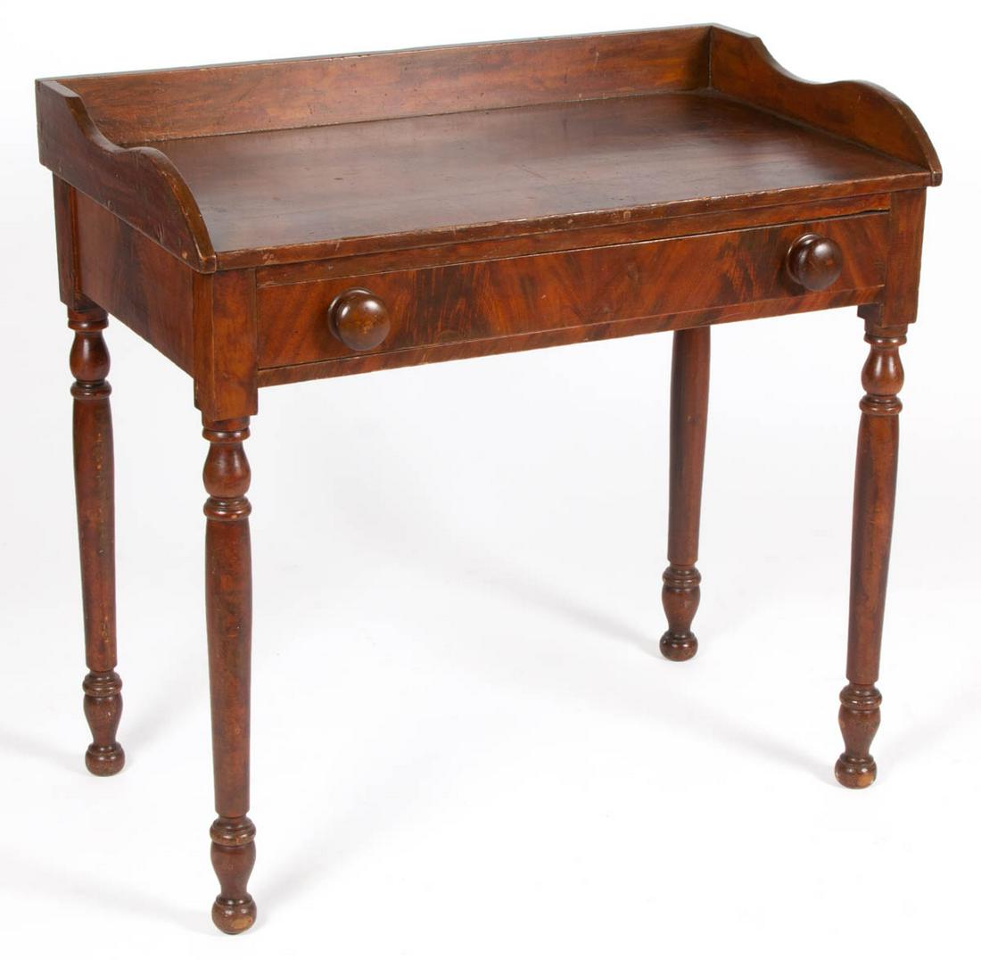 AMERICAN PAINT-DECORATED POPLAR WASH STAND: AMERICAN PAINT-DECORATED POPLAR WASH STAND, rectangular top fitted with applied dovetailed gallery over single full dovetailed drawer with likely original knobs, raised on turned legs. Retains likely 