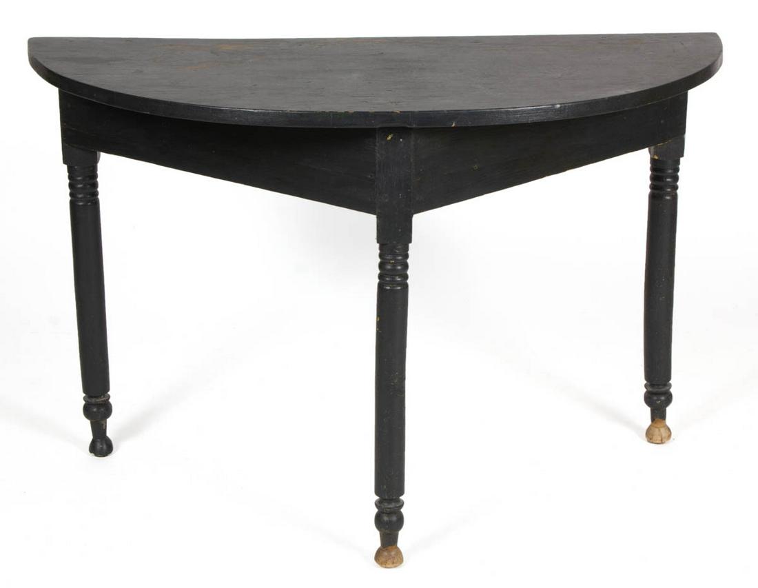 AMERICAN COUNTRY PAINTED POPLAR AND PINE DEMILUNE TABLE: AMERICAN COUNTRY PAINTED POPLAR AND PINE DEMILUNE TABLE, having a semi-circular top raised on turned legs terminating in pad feet, sewing clamp marks to the underside of top board. Retains an old gree