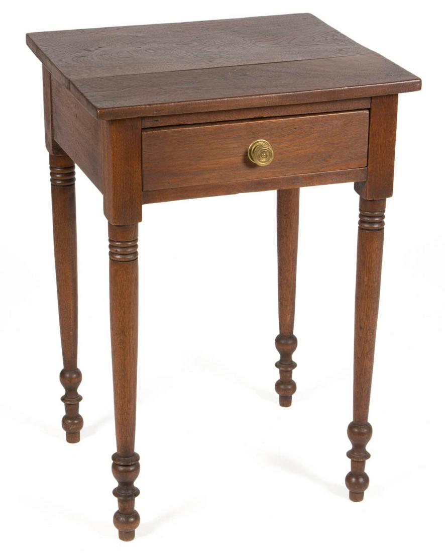 AMERICAN LATE FEDERAL WALNUT STAND TABLE: AMERICAN LATE FEDERAL WALNUT STAND TABLE, rectangular top over single dovetailed drawer with possibly original brass knob, raised on turned legs terminating in ball feet. Poplar secondary wood. Old su