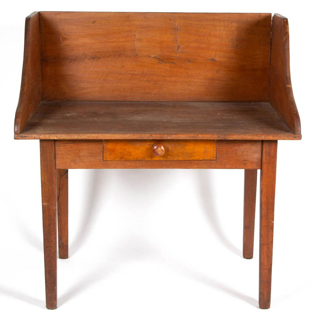 COUNTRY PINE WORK TABLE: COUNTRY PINE WORK TABLE, featuring applied gallery, single drawer, and raised on square legs. Poplar secondary wood. Old surface with mellow color. Fourth quarter 19th/early 20th century. 44" HOA. Pro