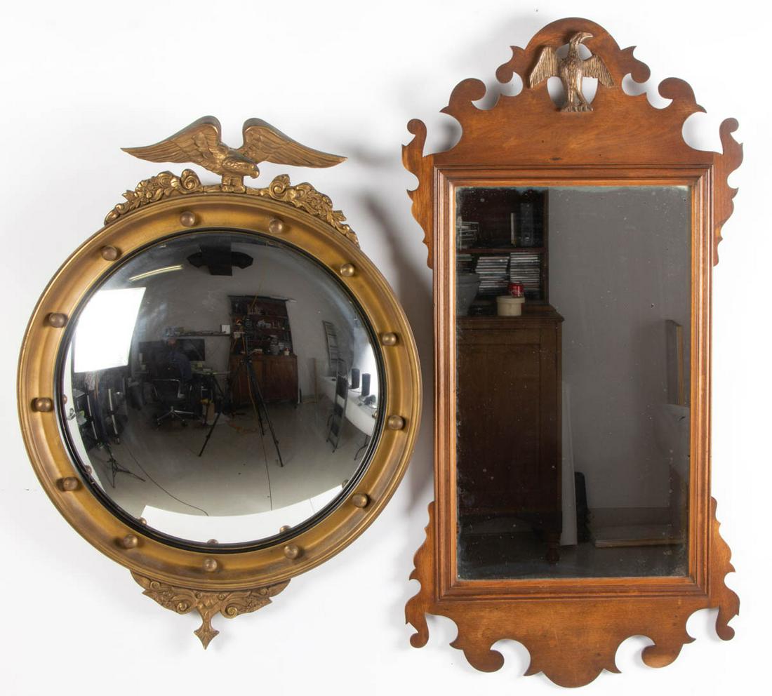 CHIPPENDALE AND FEDERAL-STYLE WALL MIRRORS: CHIPPENDALE AND FEDERAL-STYLE WALL MIRRORS, each with an eagle, including one bullseye example. Mid 20th century. 36 3/4" and 28 1/4" HOA. Provenance: From the Phillip B. Johnson collection, South Vie