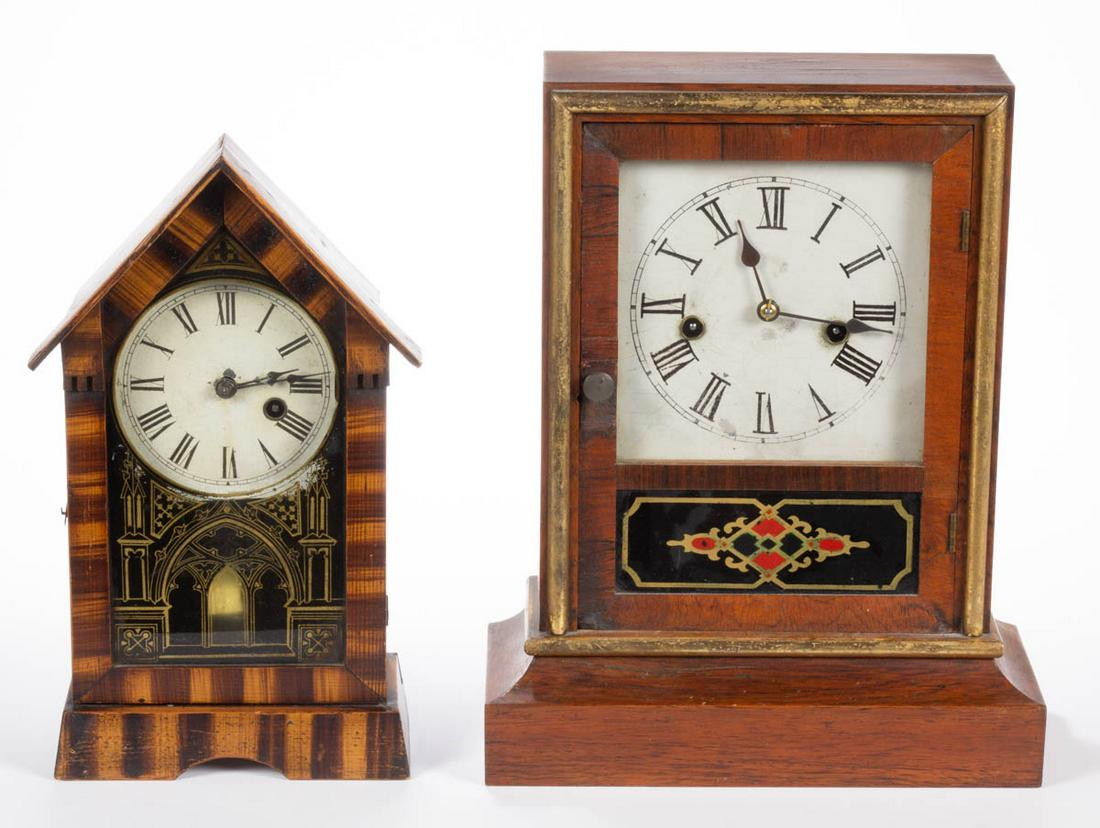 ASSORTED MANTLE / SHELF CLOCKS, LOT OF TWO: ASSORTED MANTLE / SHELF CLOCKS, LOT OF TWO, each having painted dial with Roman numerals, door with reverse painted panel, and including a key and pendulum, comprising a larger rectangular-form exampl