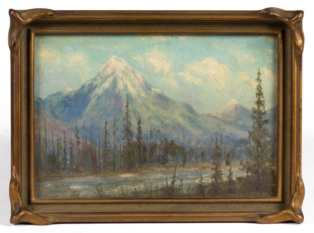 AMERICAN / CALIFORNIA SCHOOL (20TH CENTURY) LANDSCAPE: AMERICAN / CALIFORNIA SCHOOL (20TH CENTURY) LANDSCAPE PAINTING, oil on board, signed lower right corner "EW GREENFIELD". Housed in likely original Arts & Crafts pie crust / batwing frame. First quarte