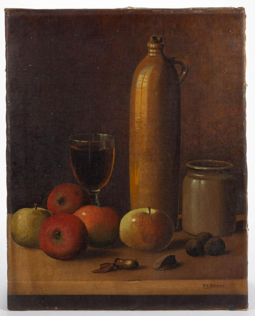 CONTINENTAL SCHOOL (19TH CENTURY) STILL LIFE PAINTING: CONTINENTAL SCHOOL (19TH CENTURY) STILL LIFE PAINTING, oil on canvas, depicting apples, figs, and a glass of wine next to two pieces of stoneware, signed lower right "F.C. Schroen". Unframed. Mid 19th