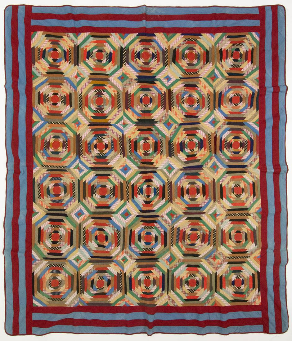 PENNSYLVANIA "PINEAPPLE"-VARIATION PIECED COMFORT / BED: PENNSYLVANIA "PINEAPPLE"-VARIATION PIECED COMFORT / BED SPREAD, hand-stitched, 30 pattern blocks having layered pieces of various print and solid fabrics and sewn to a backing square of fabric, consis