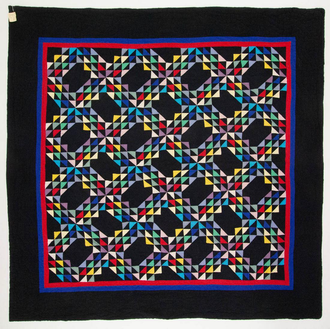 OHIO AMISH "OCEAN WAVE" PIECED QUILT: OHIO AMISH "OCEAN WAVE" PIECED QUILT, hand-stitched, various color and black/black-blue solid fabrics, 25 whole, 12 half, and four quarter on-point pattern blocks, made of more than 1,500 pieces, narr