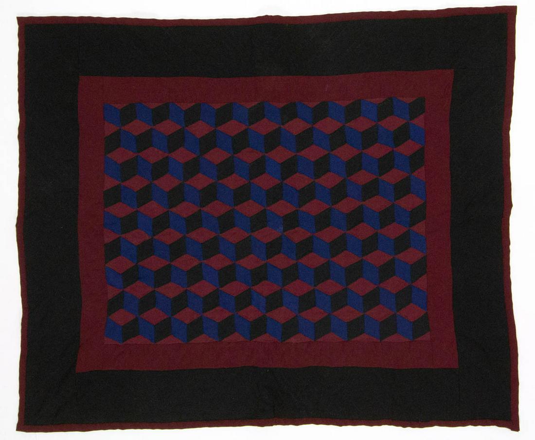 AMERICAN AMISH "BABY BLOCKS / TUMBLING BLOCKS" PIECED: AMERICAN AMISH "BABY BLOCKS / TUMBLING BLOCKS" PIECED CRIB QUILT, hand-stitched, center with repeated pattern in maroon, navy, and black solid fabrics, each side with double border having outline, ovo