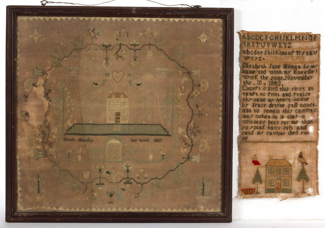 AMERICAN, OR POSSIBLY BRITISH, PICTORIAL NEEDLEWORK: AMERICAN, OR POSSIBLY BRITISH, PICTORIAL NEEDLEWORK SAMPLERS, LOT OF TWO, (updated 8/17/21) comprising a smaller unframed example, silk and wool on linen, four alphabet and numeral rows segmented by h