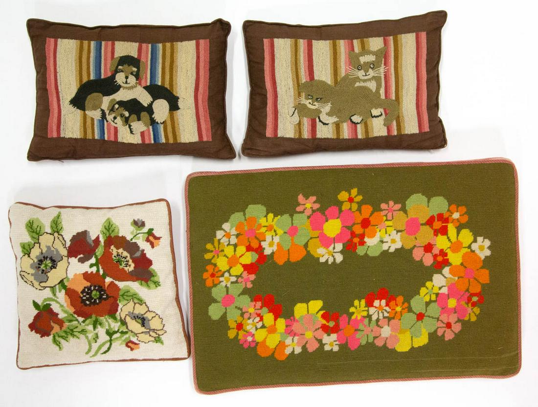 VINTAGE NEEDLEWORK PILLOWS AND CUSHION, LOT OF FOUR: VINTAGE NEEDLEWORK PILLOWS AND CUSHION, LOT OF FOUR, comprising a large rectangular cushion with needlepoint top featuring a stylized-flower wreath, a pillow with needlepoint front of poppy flowers, a