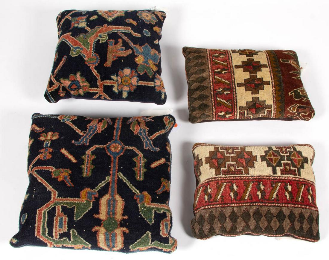 KASHMIR / PERSIAN RUG FRAGMENT PILLOWS, LOT OF FOUR: KASHMIR / PERSIAN RUG FRAGMENT PILLOWS, LOT OF FOUR, comprising a set of two with Iranian Bibicabad rug fragments, and a set of two with Turkish Kars rug fragments. 20th century. One Bibicabad example